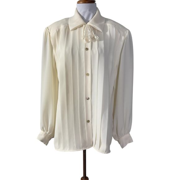 Vintage 80s Ivory Tie Neck Pleated Bouse by Ms. Chaus large - Picture 2 of 9